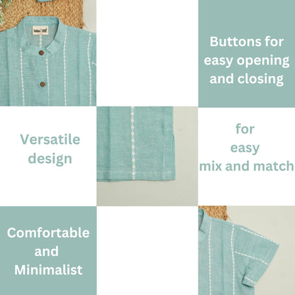 Flat lay of mint green handloom cotton shirt showcasing wooden buttons, minimalist design, and versatile styling for boys and girls