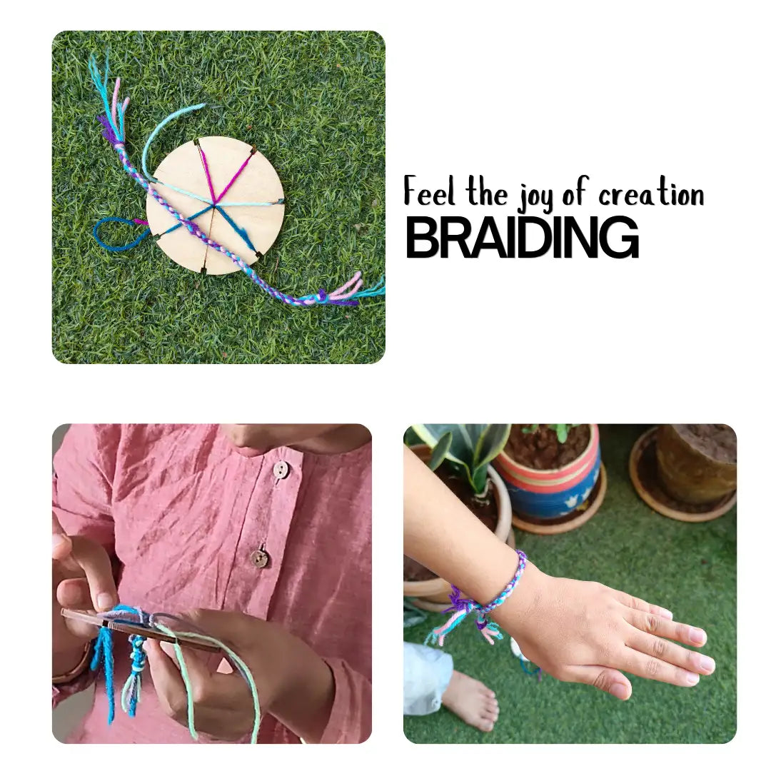 Child creating a colorful braided friendship band using the wooden braiding disc from the Introductory Handwork Activity Kit