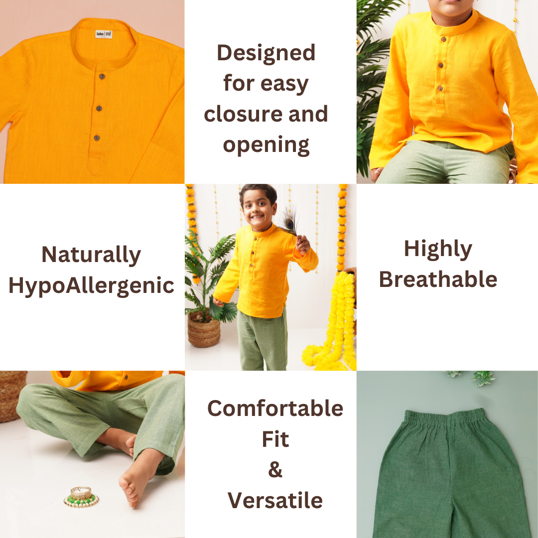 Collage of a child wearing a yellow shirt and green pants with text highlighting features like easy closure, hypoallergenic nature, and comfort.