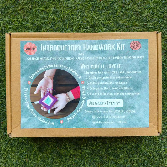 Children’s Introductory Handwork Activity Kit box with Waldorf-inspired DIY activities for braiding, weaving, and finger knitting