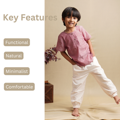 Child wearing a cotton clothing set with key features listed on the left.