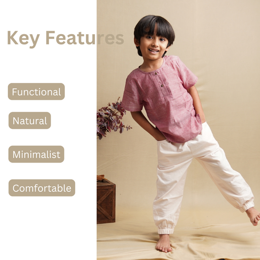 Child wearing a cotton clothing set with key features listed on the left.