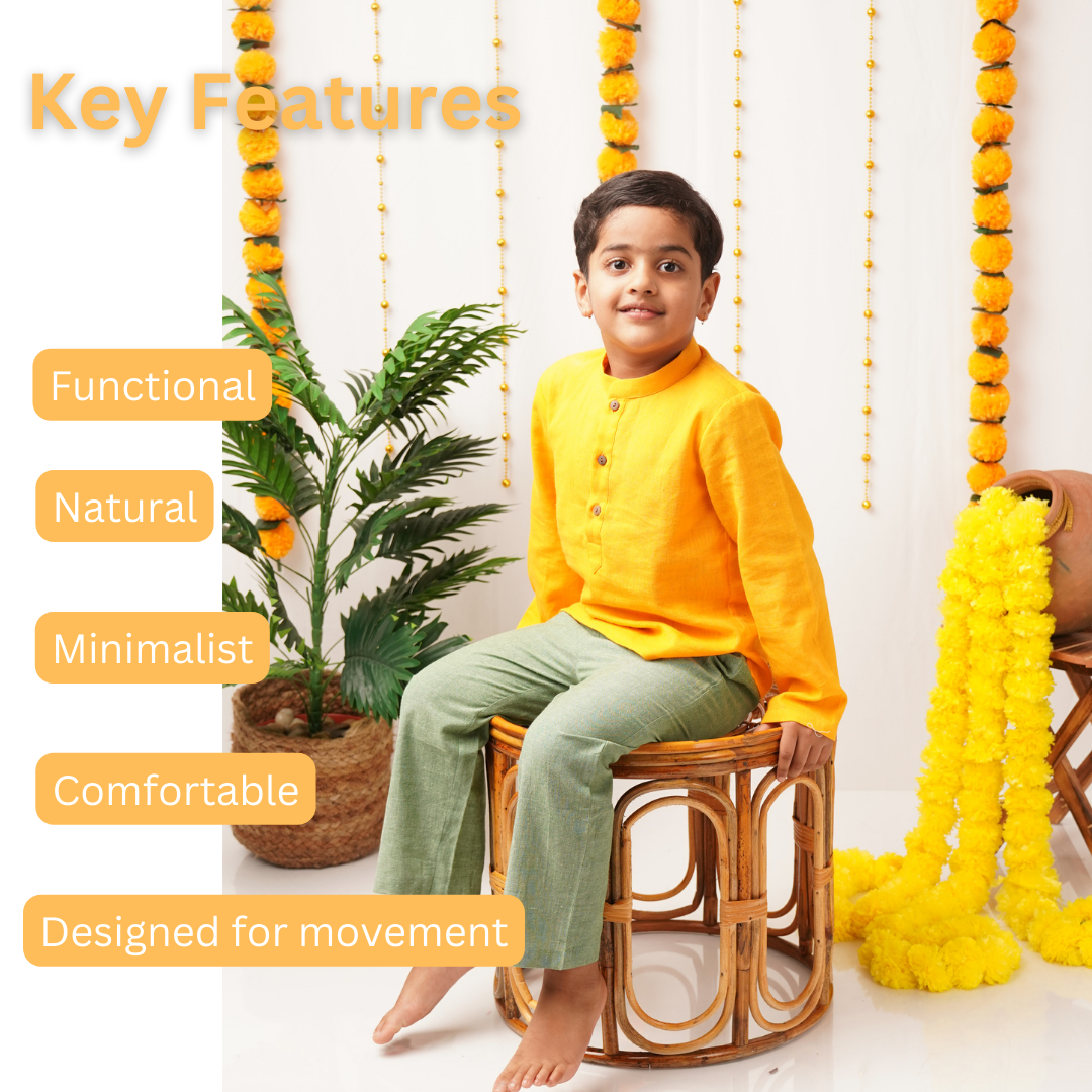 Child sitting on a stool with decorative elements and text highlighting key features.