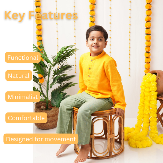 Child sitting on a stool with decorative elements and text highlighting key features.