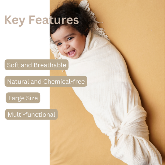 Baby wrapped in GOTS certified Muslin Swaddles with text highlighting key features on a beige background
