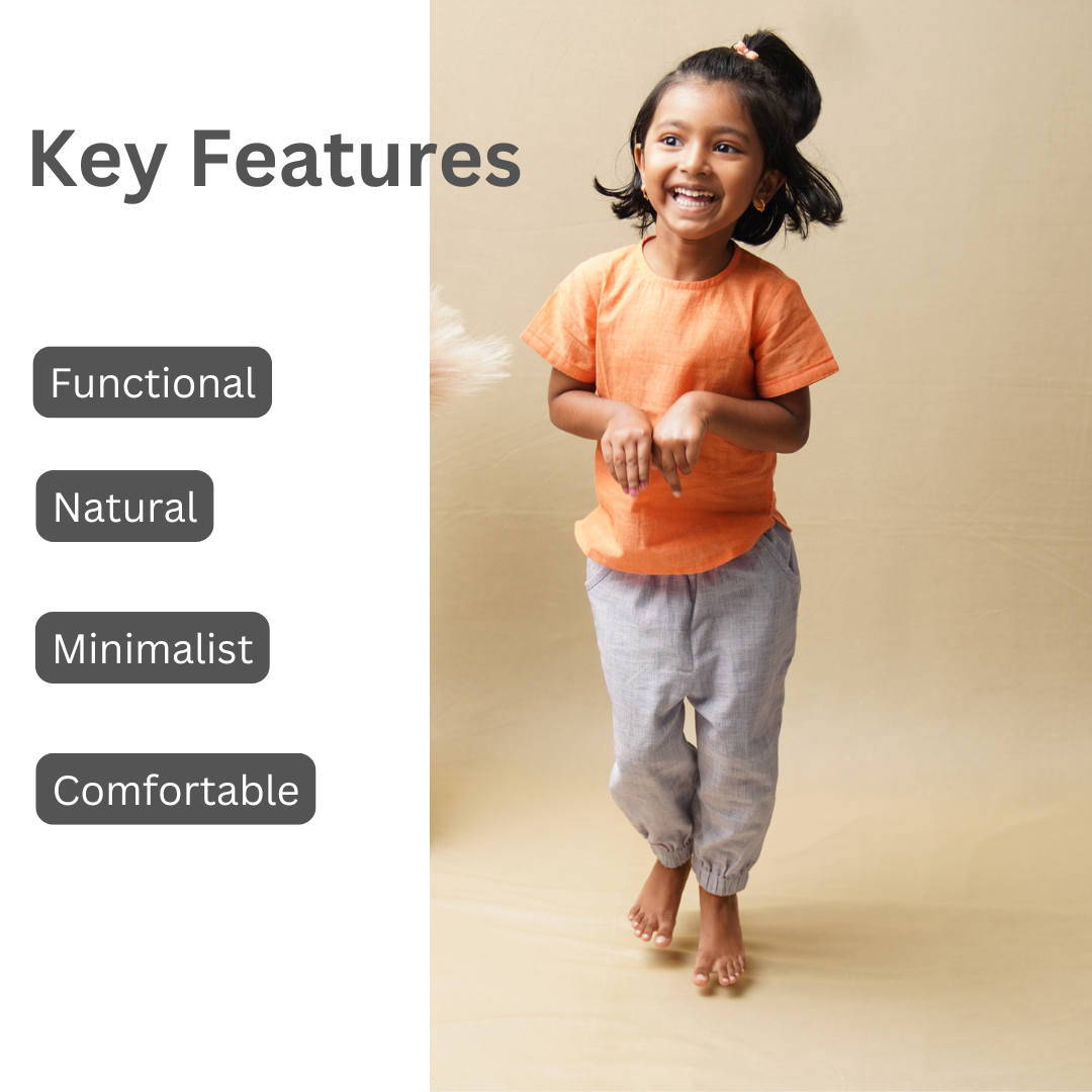 Happy girl wearing cotton top with key features highlighted on the left