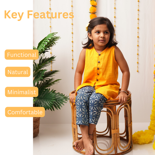 Child sitting on a wicker stool with decorative elements and text highlighting key features.