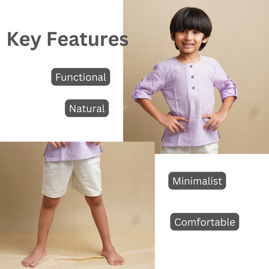 Boy wearing cotton full sleeve shirt and cotton shorts with highlighted features