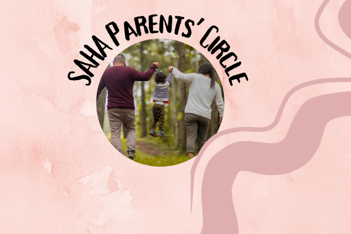 A pink graphic design with the text 'SAHA PARENTS' CIRCLE' arched over a circular inset photo of a family of three walking arm in arm through a forest.