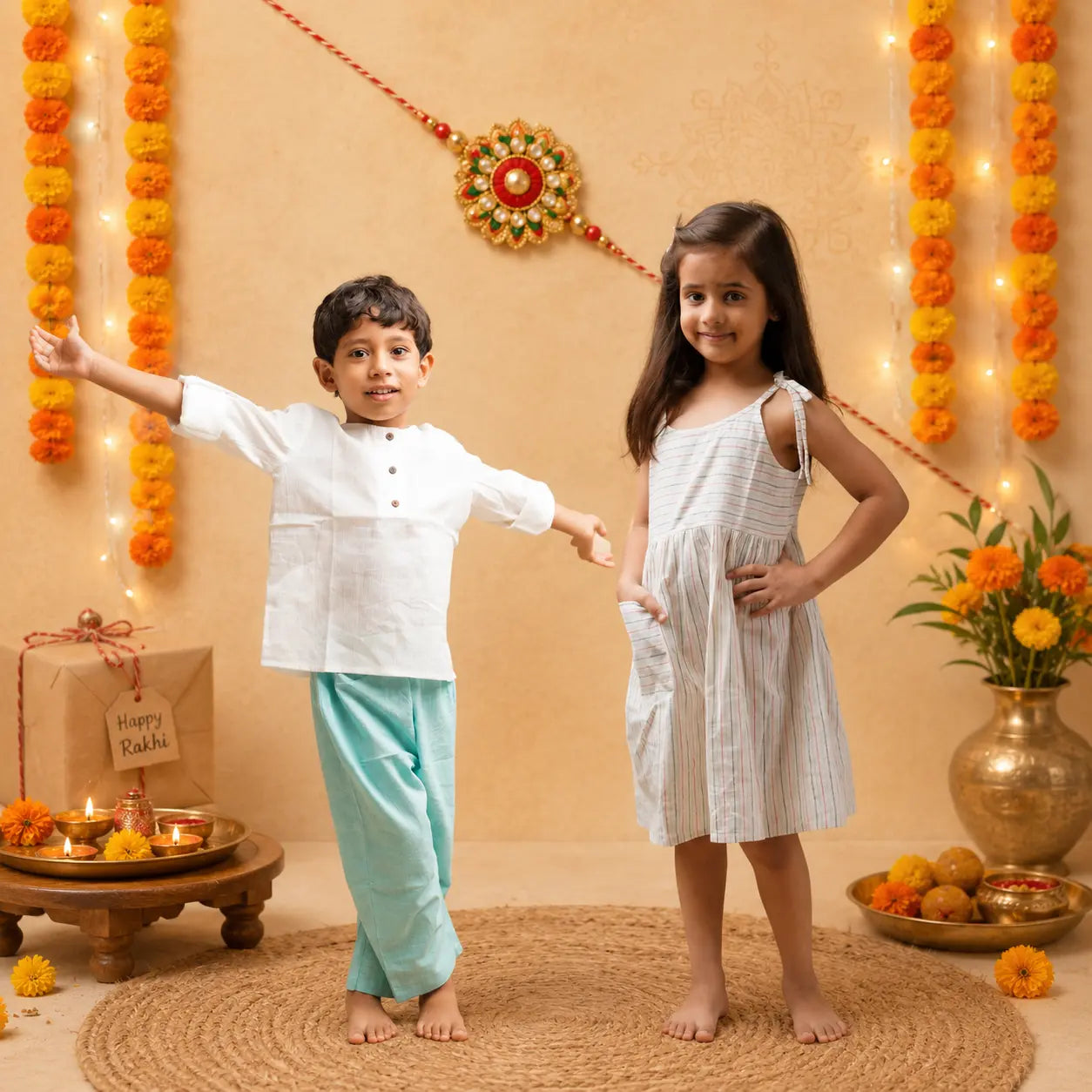 A boy and a girl stand barefoot on a woven rug in a decorated indoor setting for Rakhi festival