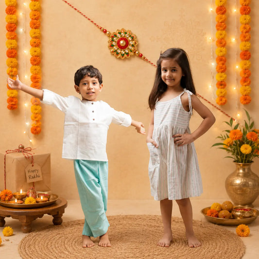 A boy and a girl stand barefoot on a woven rug in a decorated indoor setting for Rakhi festival