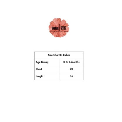 Size chart for age group 0 to 6 months with chest and length measurements on a white background.