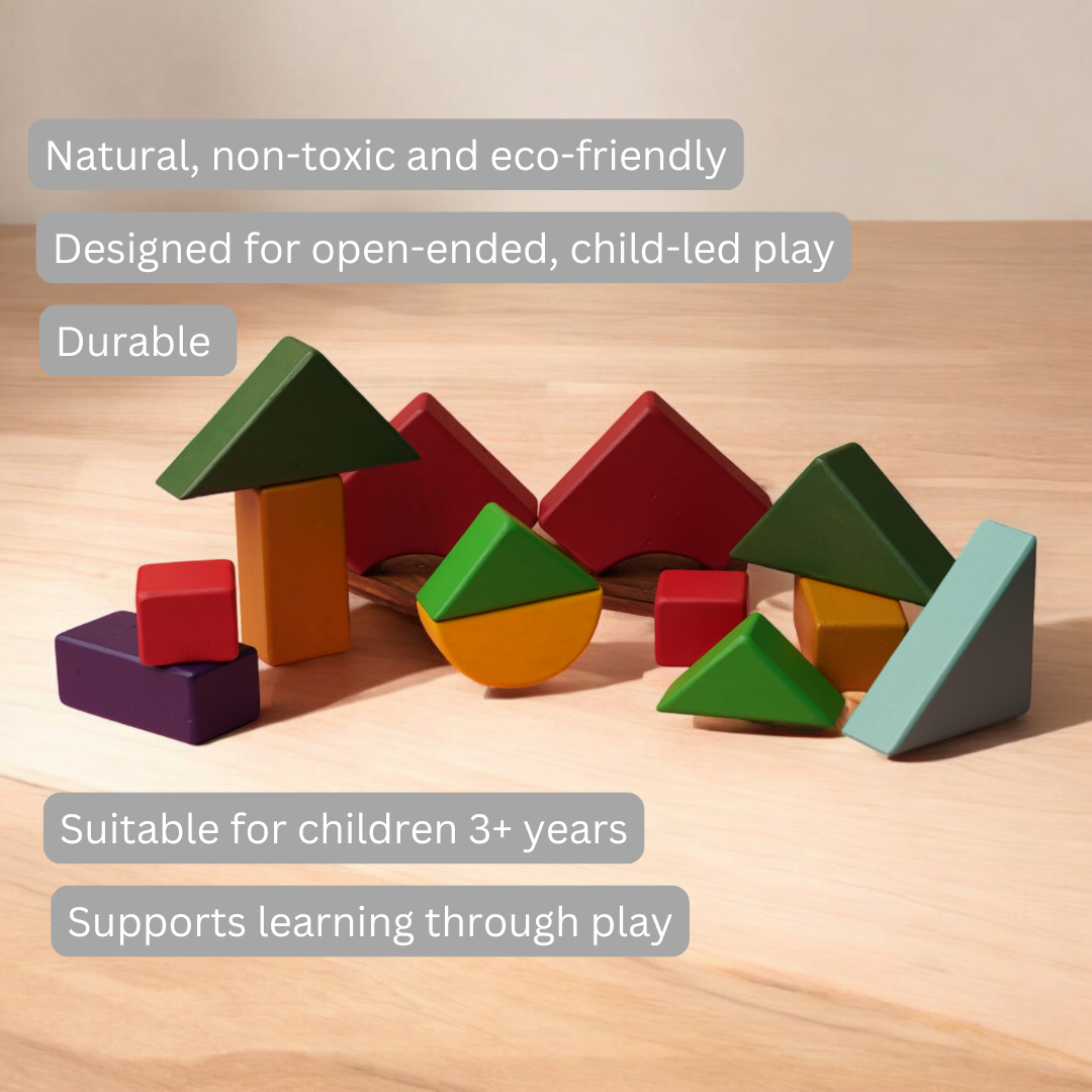 Colorful wooden geometric blocks for open-ended and child-led play