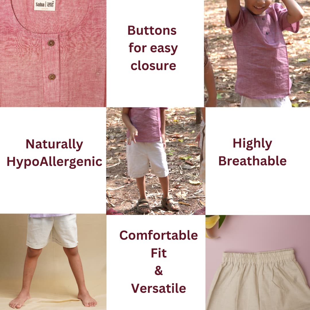 Artisan stitching and fabrics detail on Earthy Elegance boys kurta shirt and shorts set – ethically made kidswear