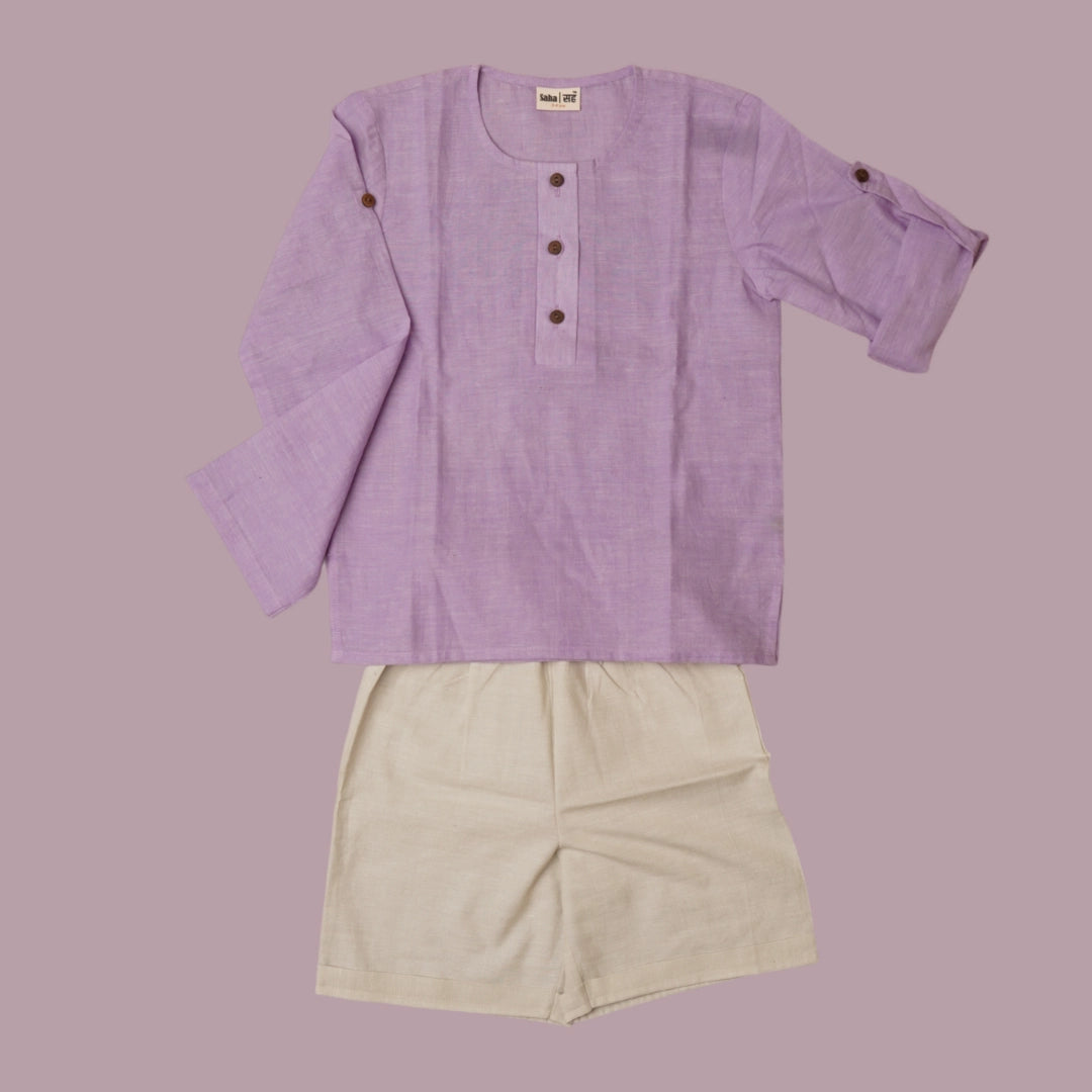 Flat lay of boys full sleeve shirt and shorts set – breathable everyday kidswear