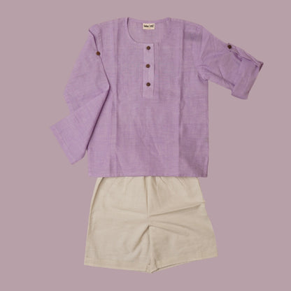 Flat lay of boys full sleeve shirt and shorts set – breathable everyday kidswear