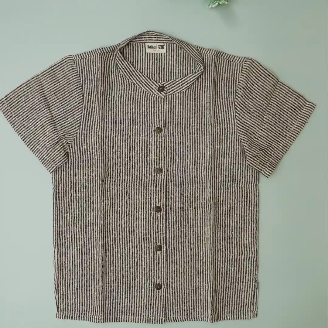 Handwoven striped khadi shirt with button-front design for boys