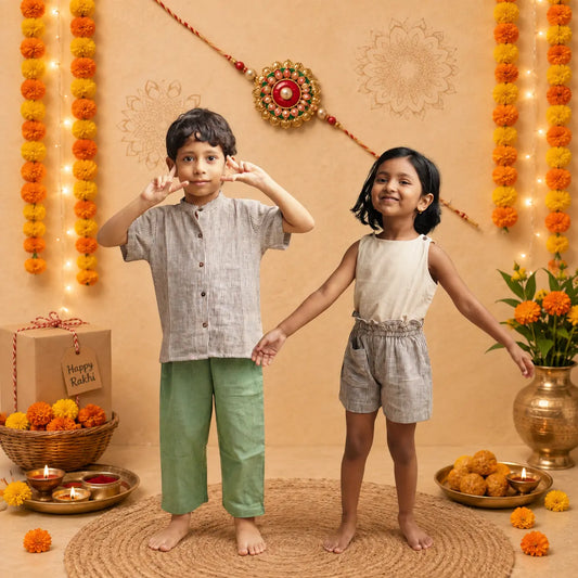 Two children standing barefoot on a woven mat in a decorated indoor scene for Rakhi, with marigold garlands, diyas, a gift box, and traditional ornament
