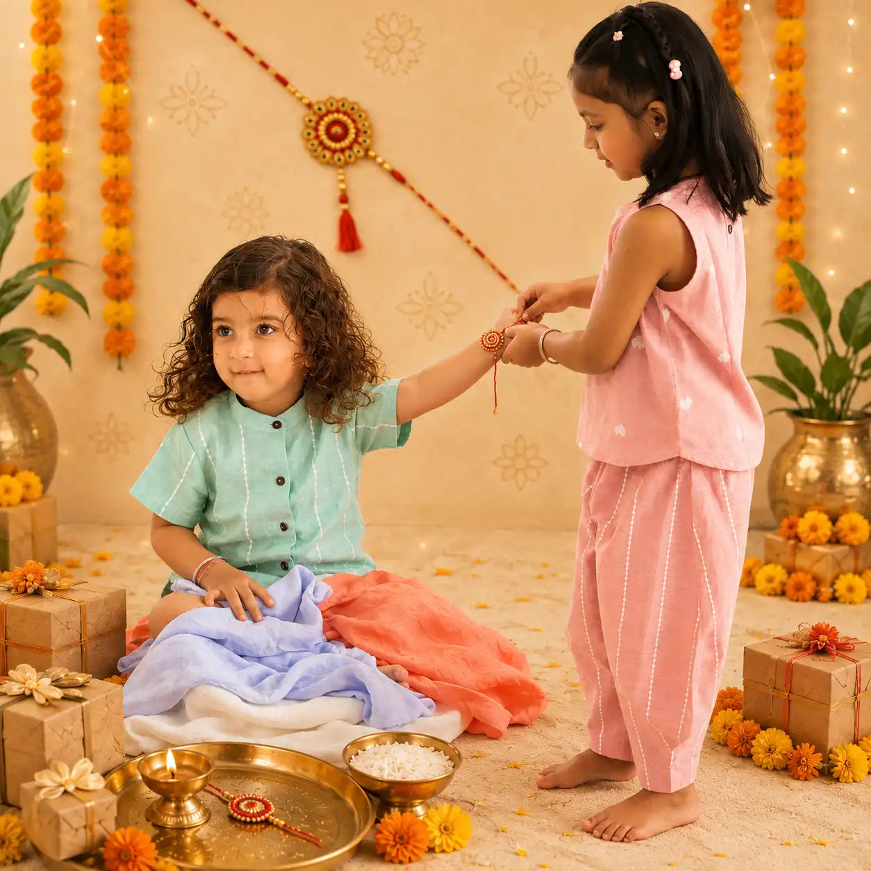 A brother and a sister in festive traditional Indian attire, one in a light blue shirt and the other in a pink pajama set, performing a Rakhi ceremony