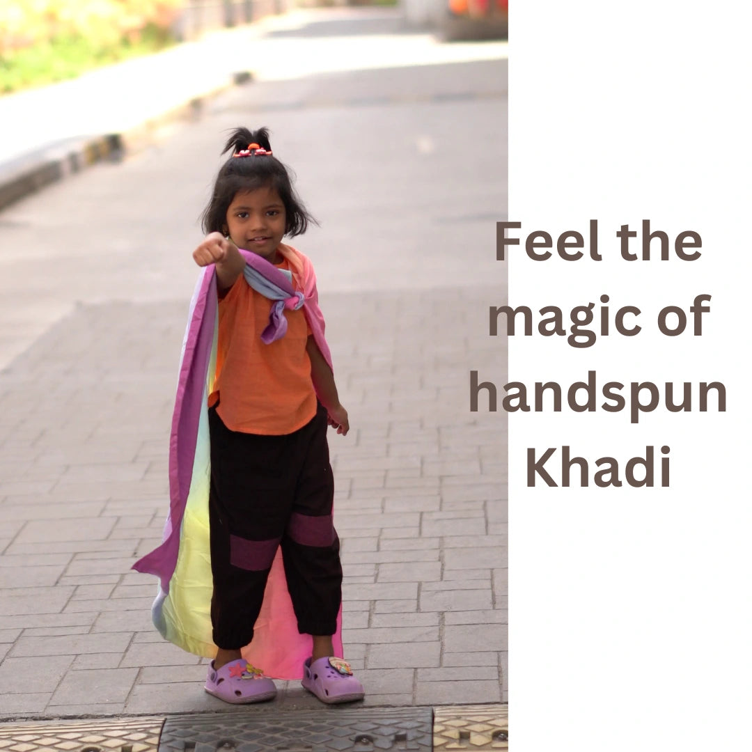 Child wearing handspun khadi unisex joggers styled for imaginative and comfortable everyday play.