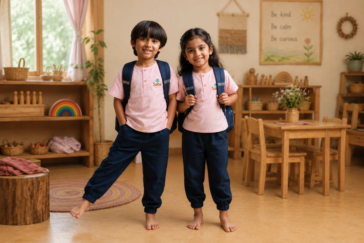Children wearing pure cotton uniforms smiling in a classroom