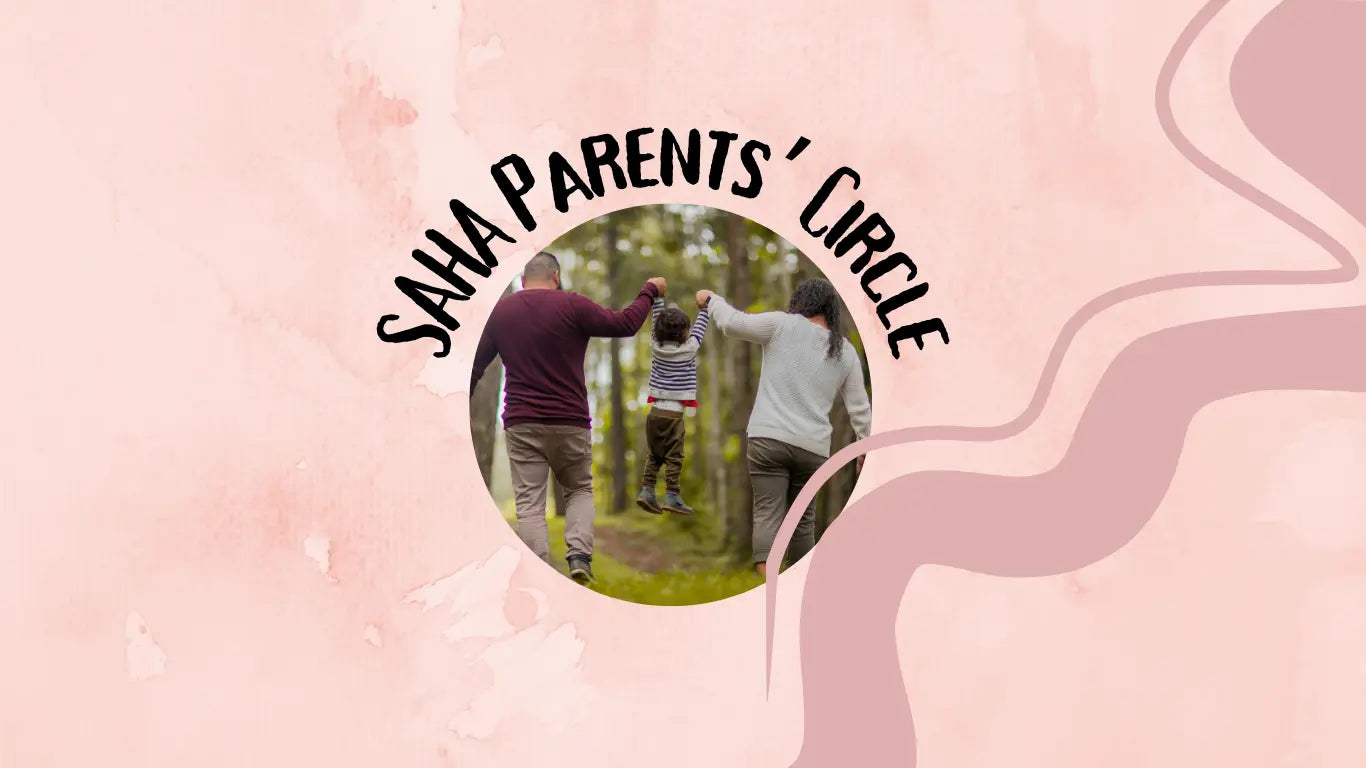 Promotional graphic for 'Saha Parents' Circle' with a family in a forest setting on a pink background.