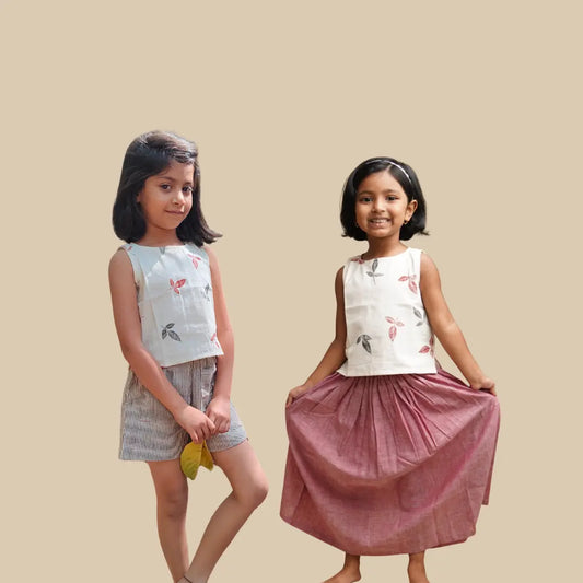 Coordinated Outfit Set for Two Sisters in handcrafted khadi