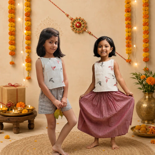 Two young girls standing barefoot in a decorated indoor setting, wearing matching sleeveless tops with a white base and small leaf print, paired with different bottoms, one in gray shorts and one in a dusty pink skirt