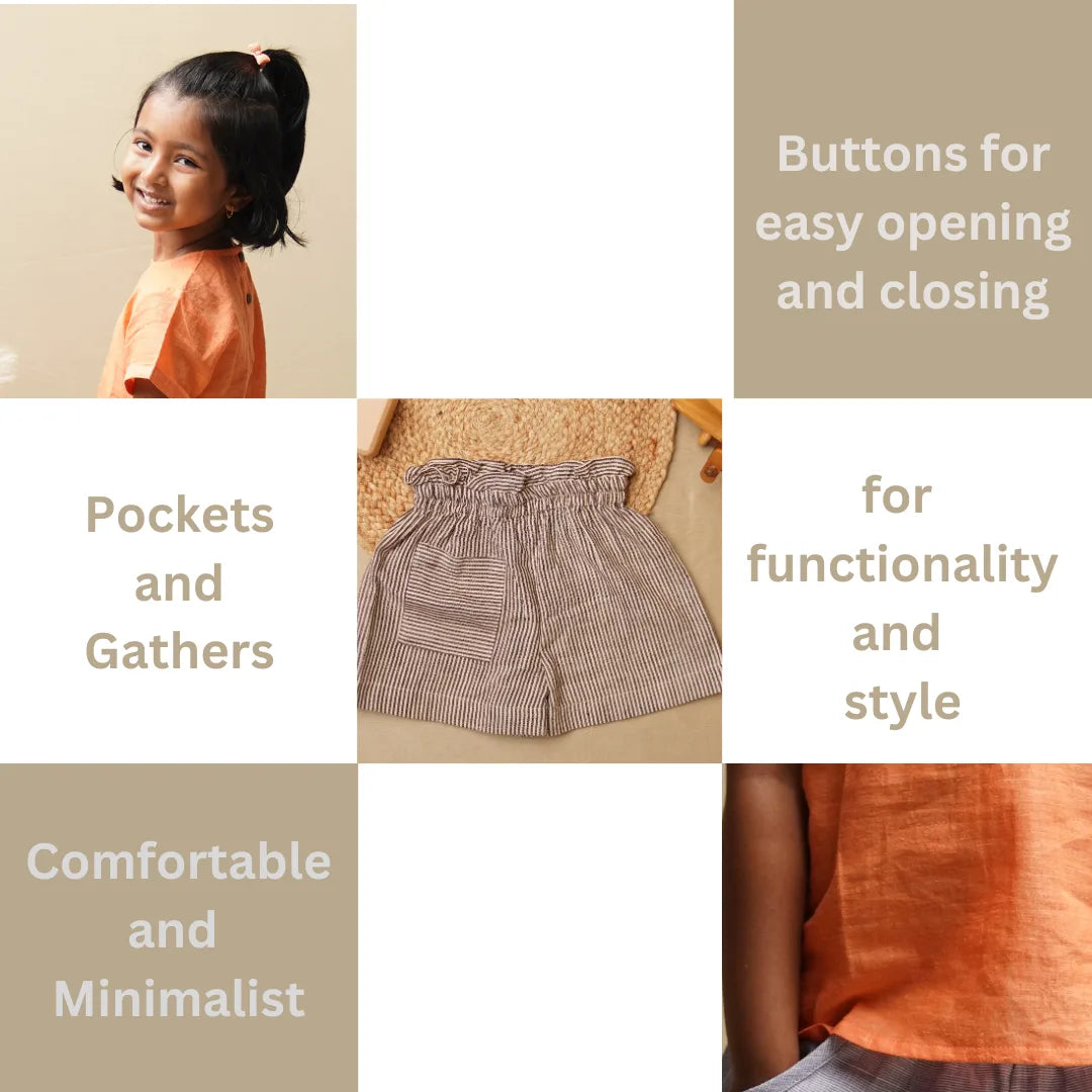 Child wearing an orange shirt and brown shorts with text highlighting features like buttons, pockets, and comfort.