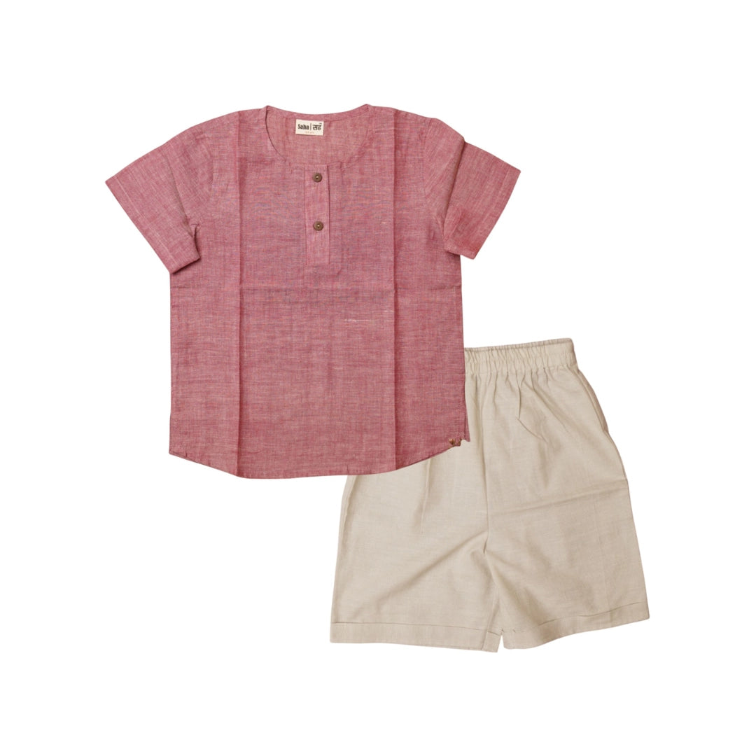 Flat lay of Earthy Elegance boys kurta shirt and shorts set - comfortable cotton wear for kids