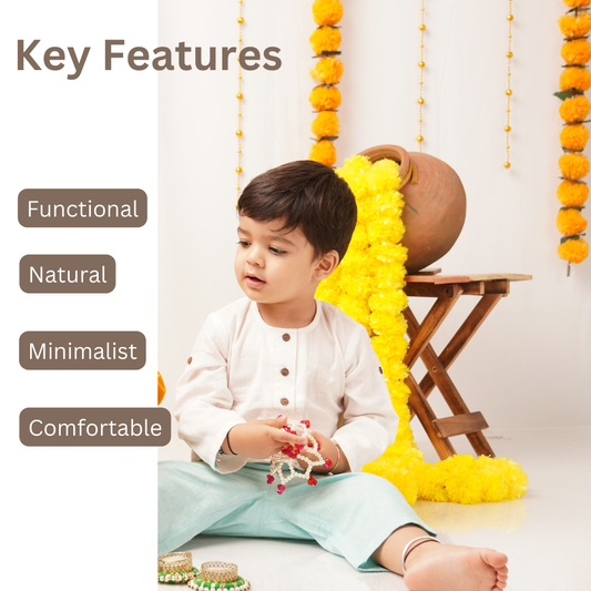 Child sitting on the floor with decorative elements in the background, labeled 'Key Features' on the left.
