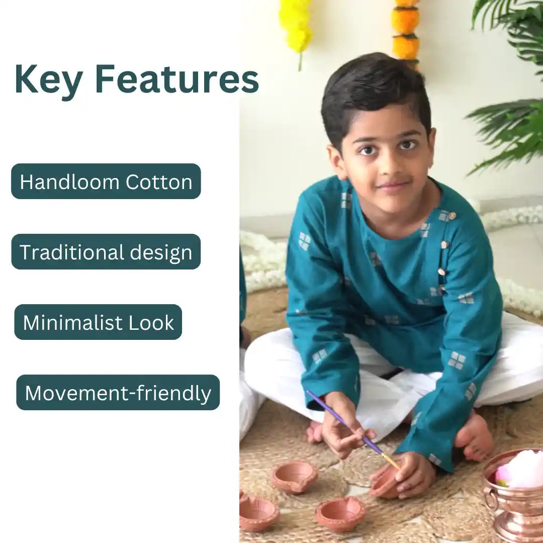 Boy in a teal kurta and white pajama painting a clay diya, with key features of the set listed
