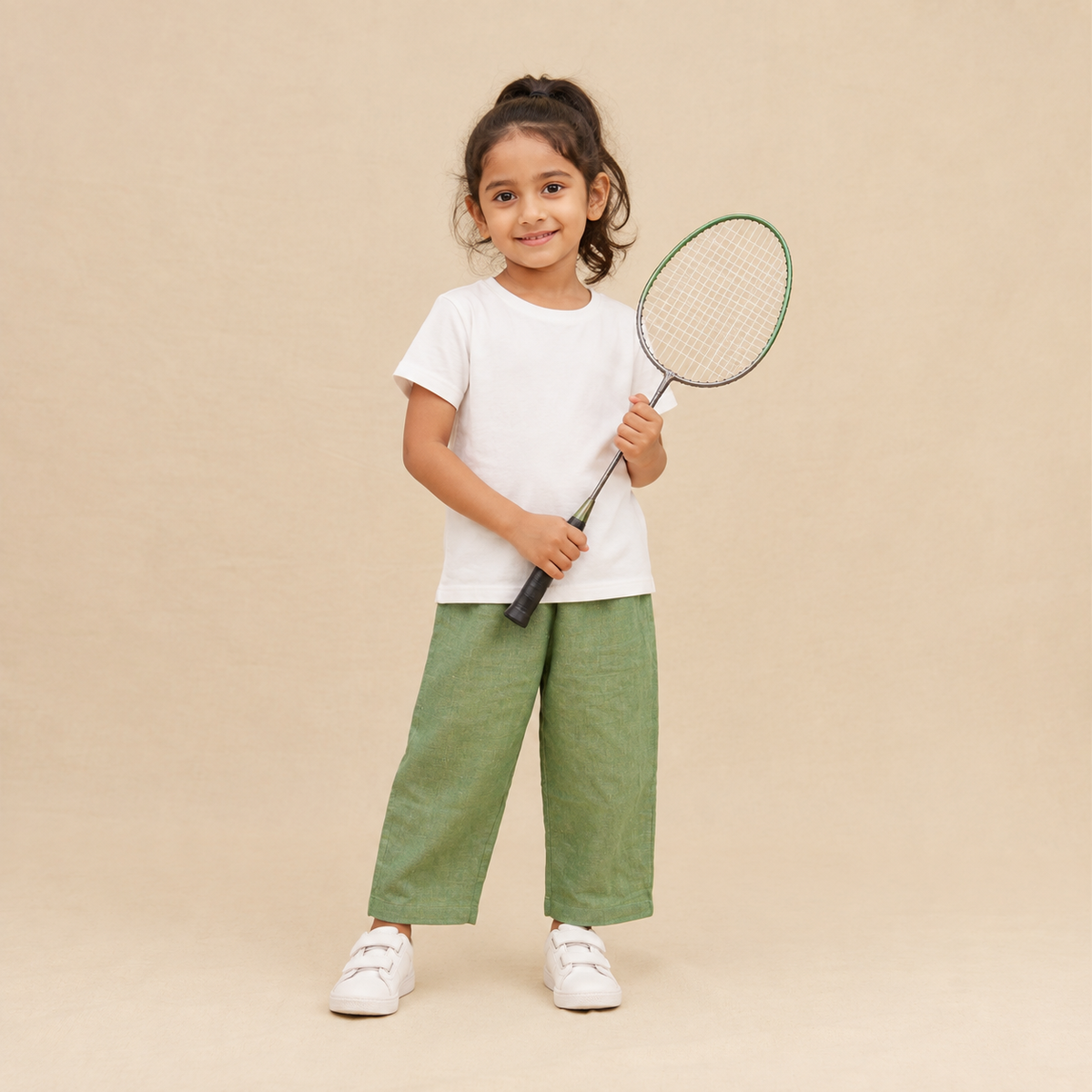 A young girl stands against a warm beige studio background holding a tennis racket. She is wearing a white short-sleeve t-shirt, sage green wide-leg pants, and white sneakers.