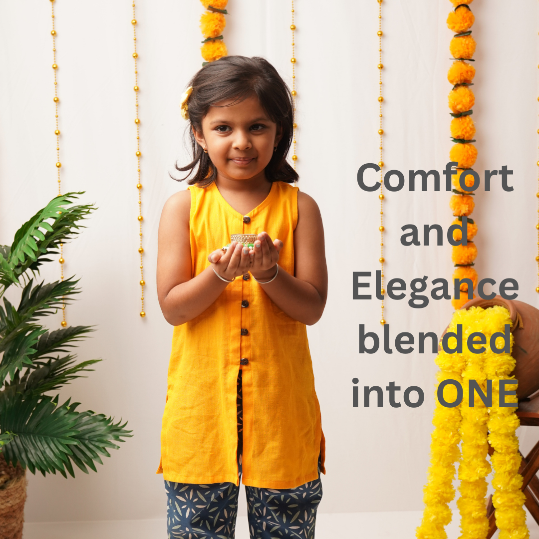 Young girl in a yellow outfit standing between decorative yellow strings with text overlay.