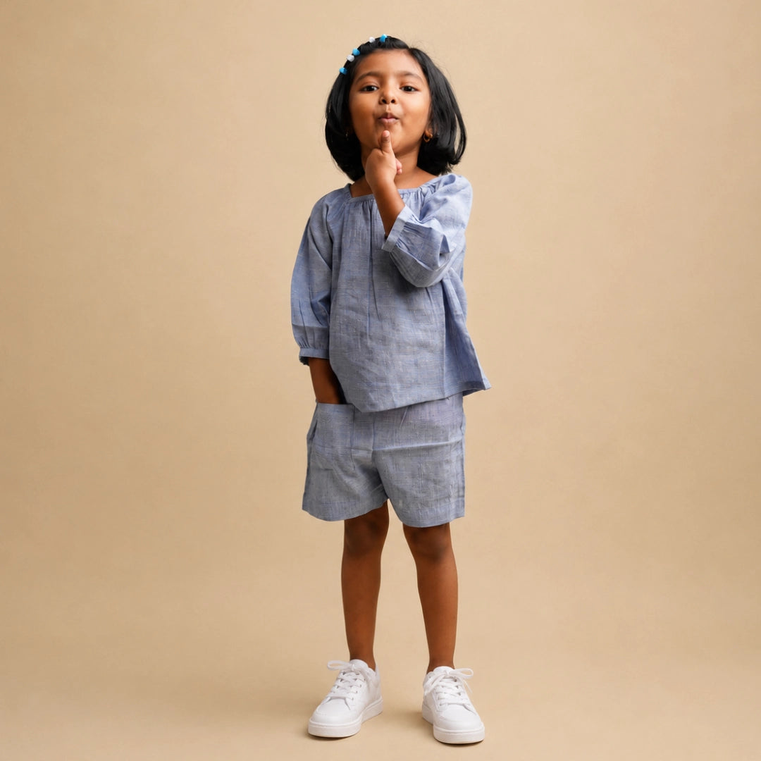 Girl wearing pure cotton top and shorts set
