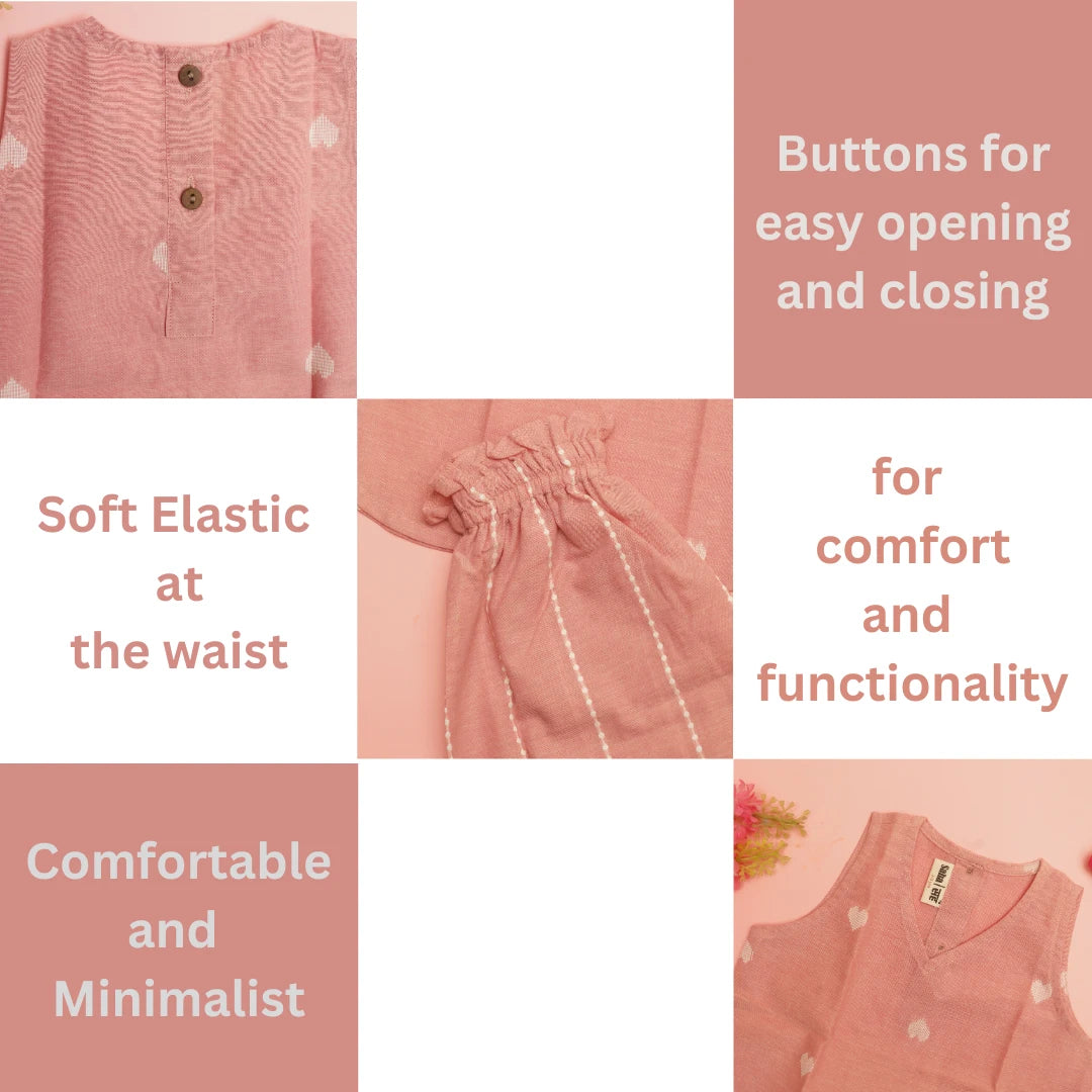 Flat lay collage of pink cotton coord set showcasing elastic waistband, functional buttons, and minimalist handcrafted design