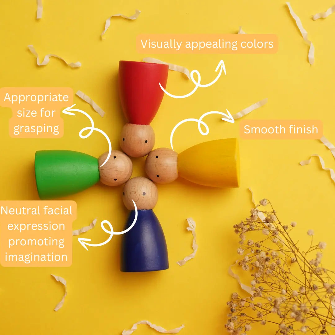 Close-up of Handmade Wooden Peg Dolls showing smooth beechwood finish, vibrant colours, and neutral expressions that inspire imagination