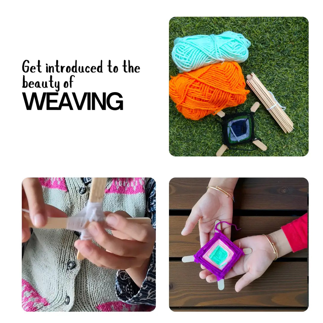 Waldorf-inspired weaving activity setup with yarn balls, weaving sticks, and handmade woven craft from the activity kit