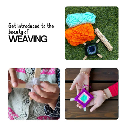 Waldorf-inspired weaving activity setup with yarn balls, weaving sticks, and handmade woven craft from the activity kit