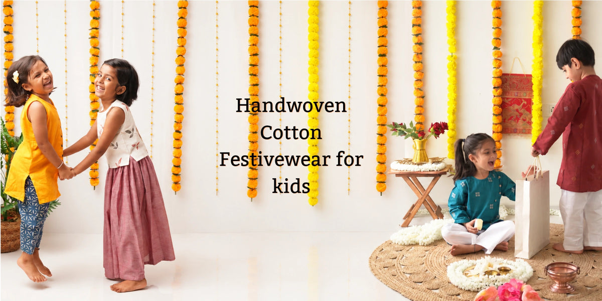 children wearing cotton festivewear with texts handwoven cotton festivewear for kids