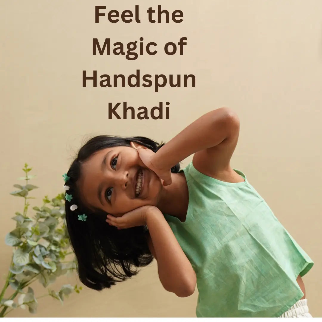 Close up of handwoven cotton khadi fabric used in baby girl top and bottom set – soft breathable texture