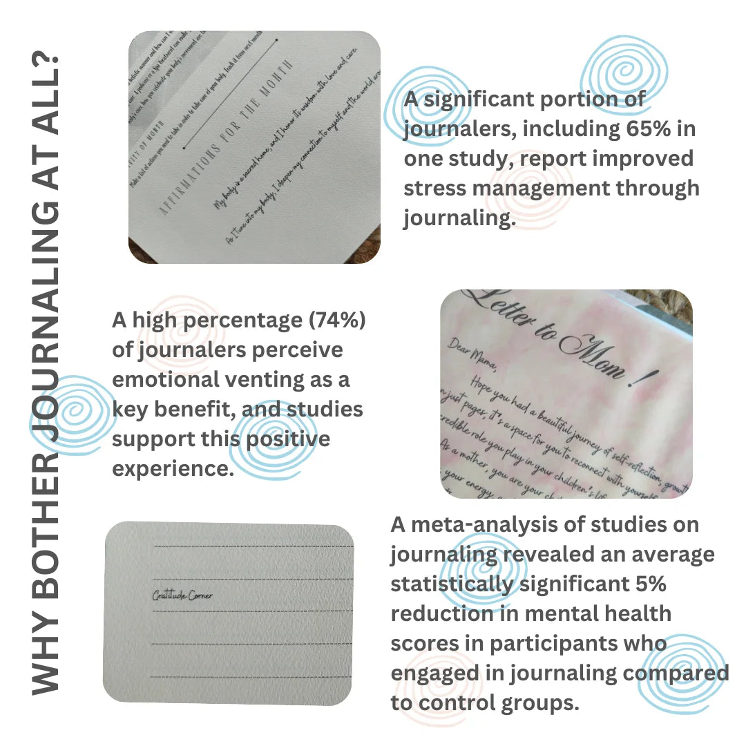 Infographic on the benefits of journaling with text and images of journals.
