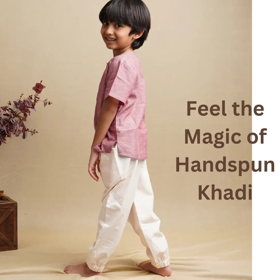Back view of toddler clothing set with khadi kurta shirt and cotton pants – minimal kidswear India