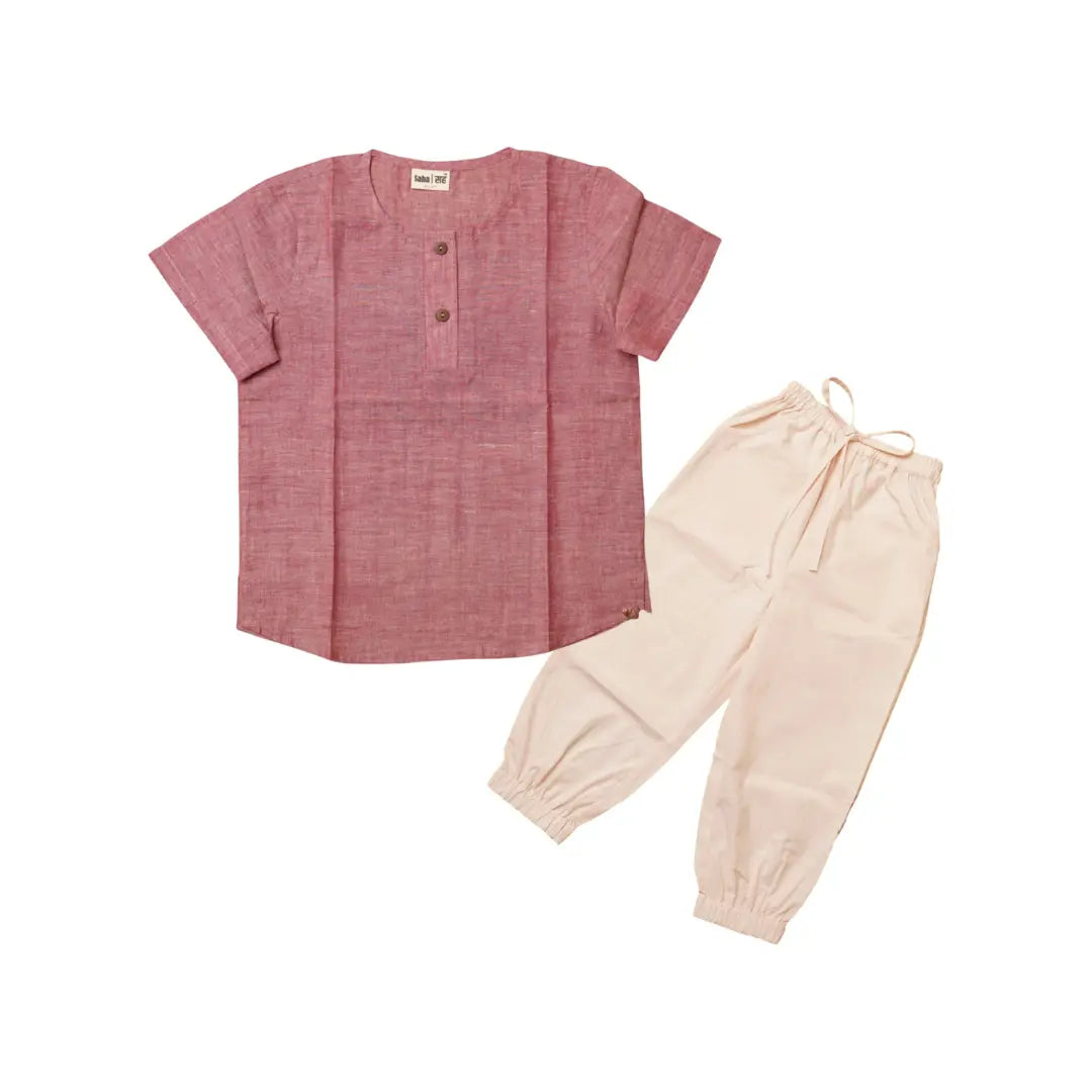 Flat lay of khadi kurta shirt and cotton pants toddler set – breathable natural clothing for kids