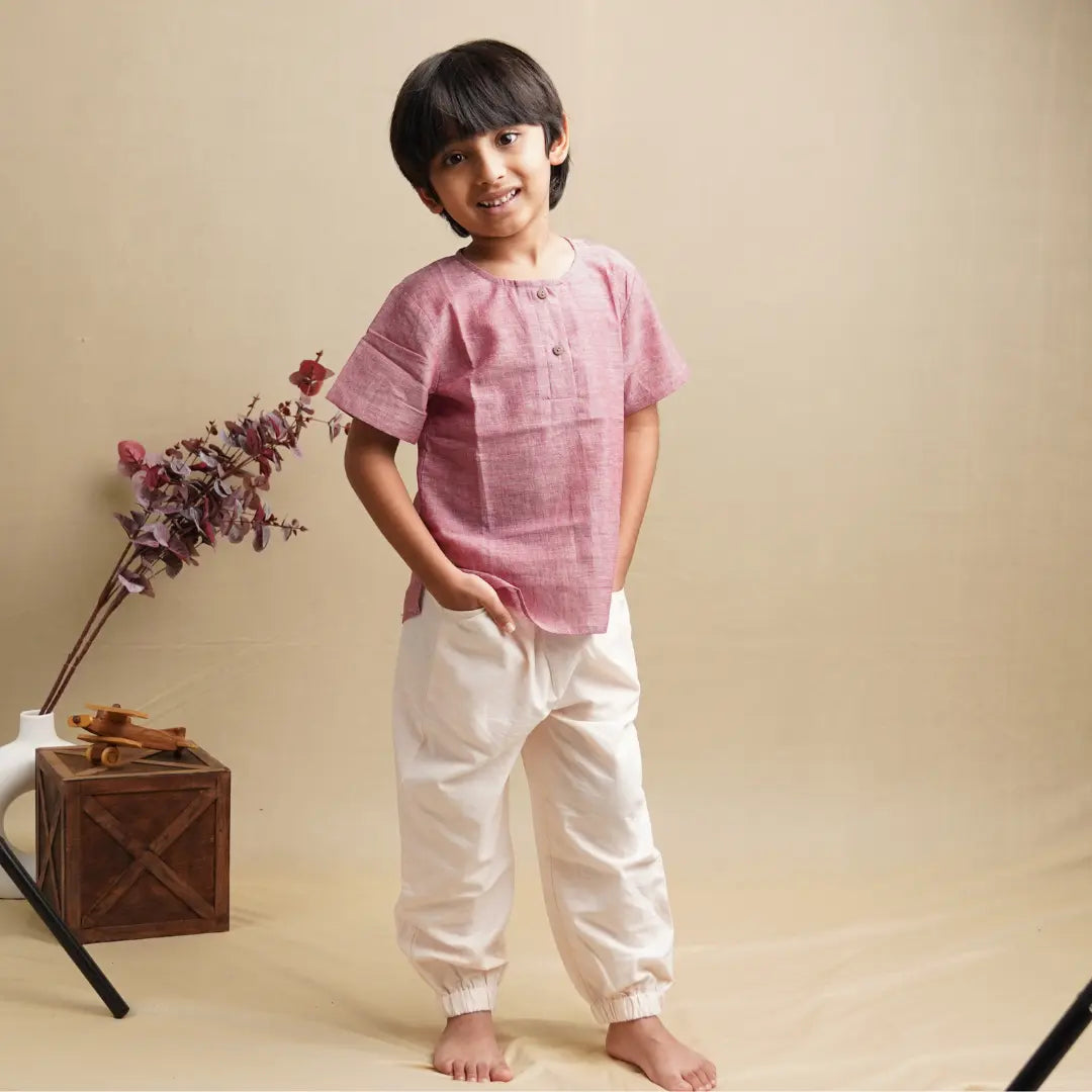 Khadi kurta shirt and cotton pants toddler clothing set front view – breathable natural kids outfit