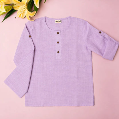 Flat lay of light purple unisex cotton kurta for kids with button placket and roll-up sleeve tabs