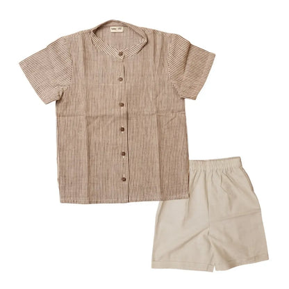 Flat lay of Little Trailblazer boys shirt and shorts set – breathable everyday kids outfit