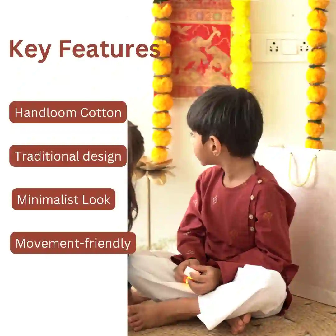 Boy in a maroon kurta and white pajama sitting cross-legged near marigold garlands, with key features listed