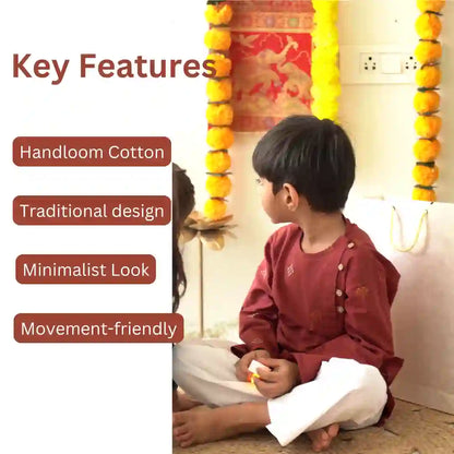 Boy in a maroon kurta and white pajama sitting cross-legged near marigold garlands, with key features listed