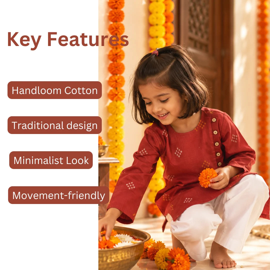 Girl in a maroon kurta pajama set picking marigolds from a brass bowl, with key features listed: handloom cotton, traditional design, minimalist look, movement-friendly